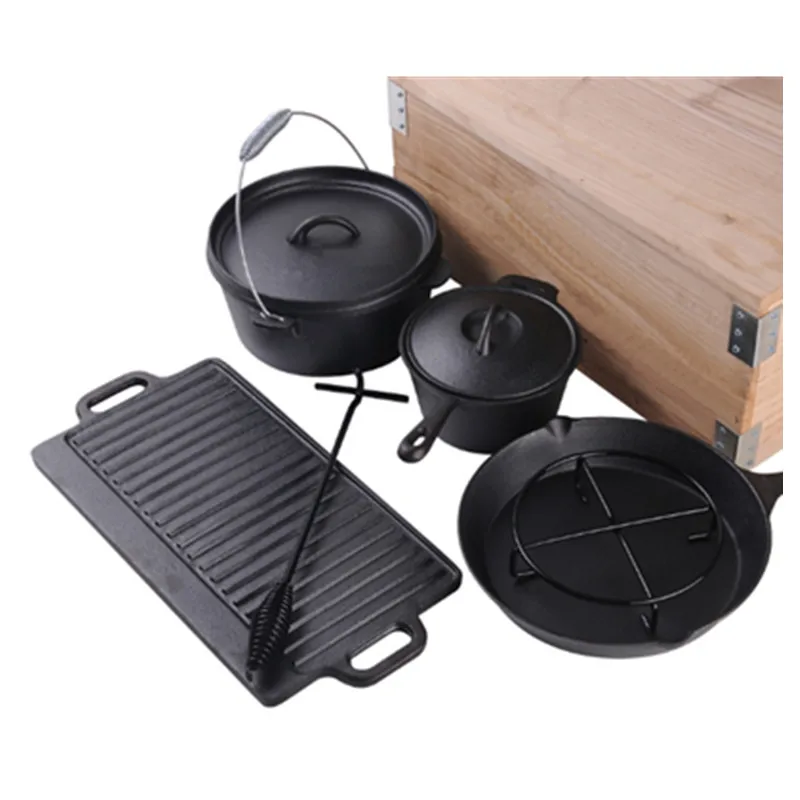 Cast Iron Camping Oven Set 7PCS Dutch Oven Cooking Set with