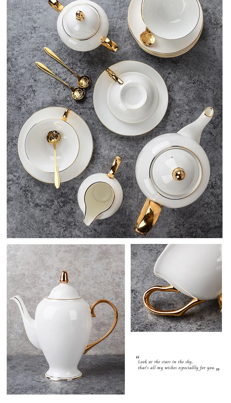 Graceful Food Grade China Tea Coffee Sets,Tea Cup Saucer,15pcs Porcelain Tea Set With Gold Handle for Wedding details