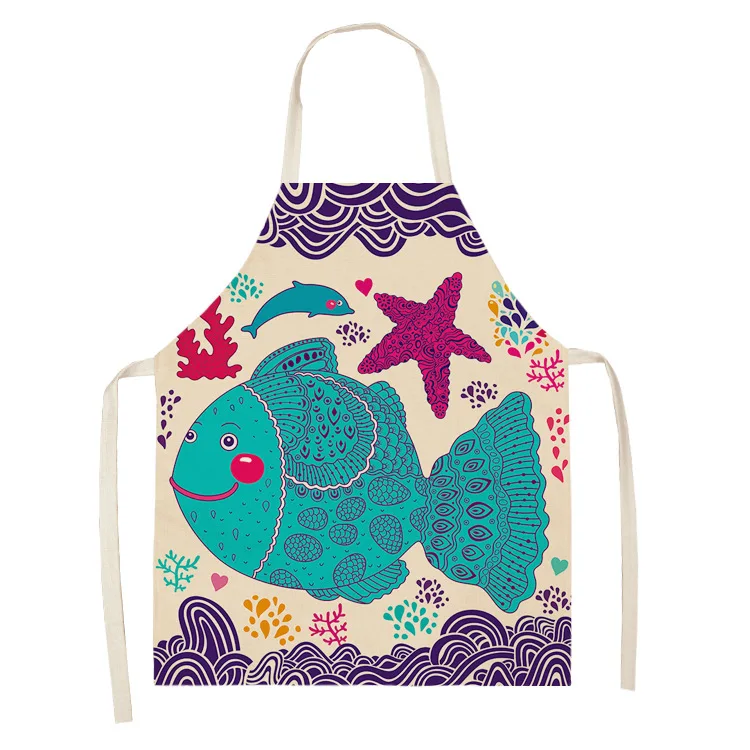 Customized Design Logo Print Children's Durable Cotton Linen Fish Style Print Fabric Sleeveless Kitchen Apron