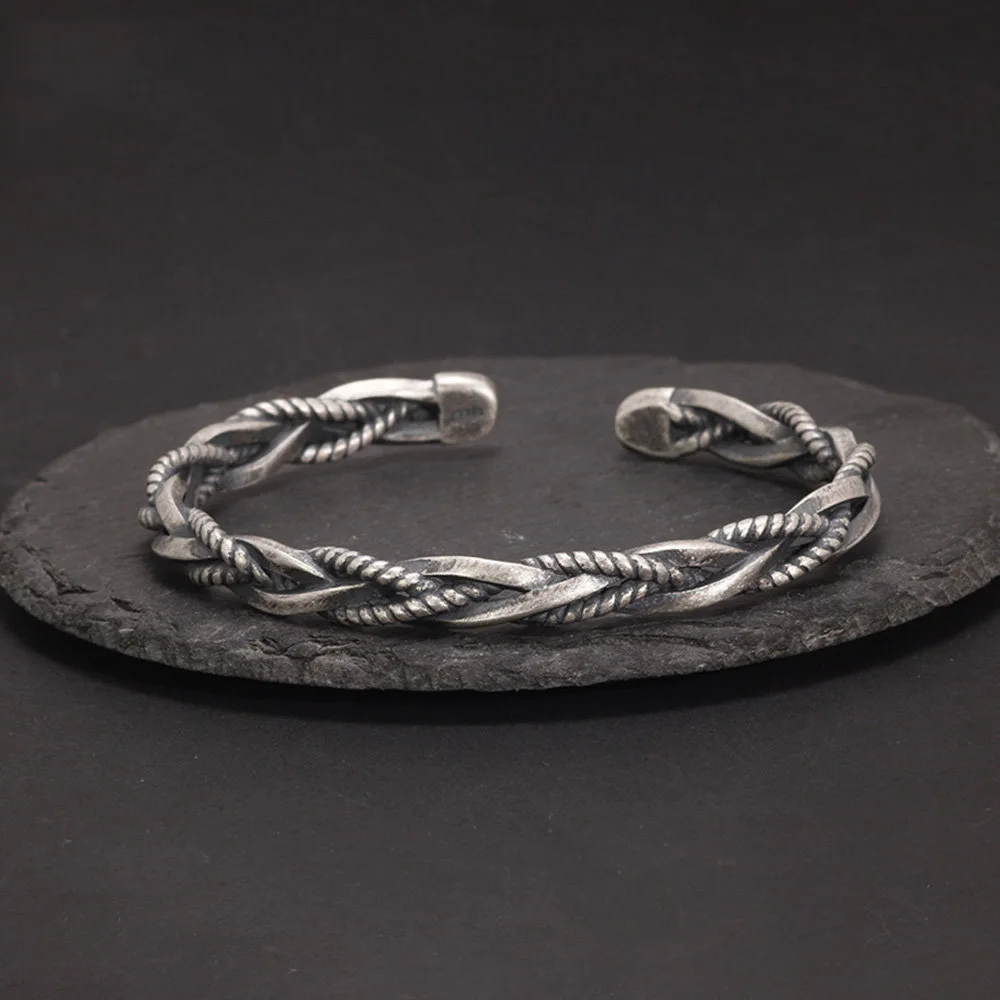 Handmade Sterling Silver Twist Cuff Bracelet For Men - Adjustable, Vintage Style