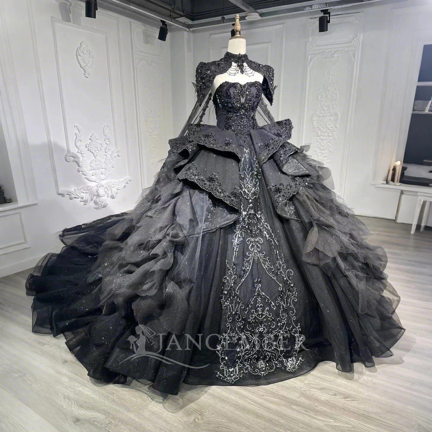 Elegant Black Gothic Ball Gown Exquisite Beaded Evening Dress With Ruffled  Layers and Cape Lslm17