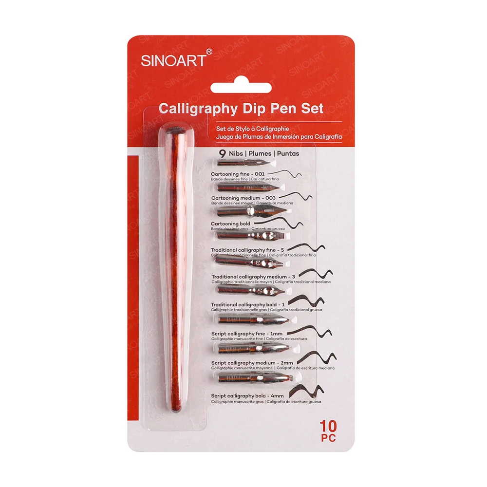 SINOART Calligraphy Pen Set with Nibs 9 Different Stainless Steel Comic Pen Nib Wooden Stem Dip Nib Pens