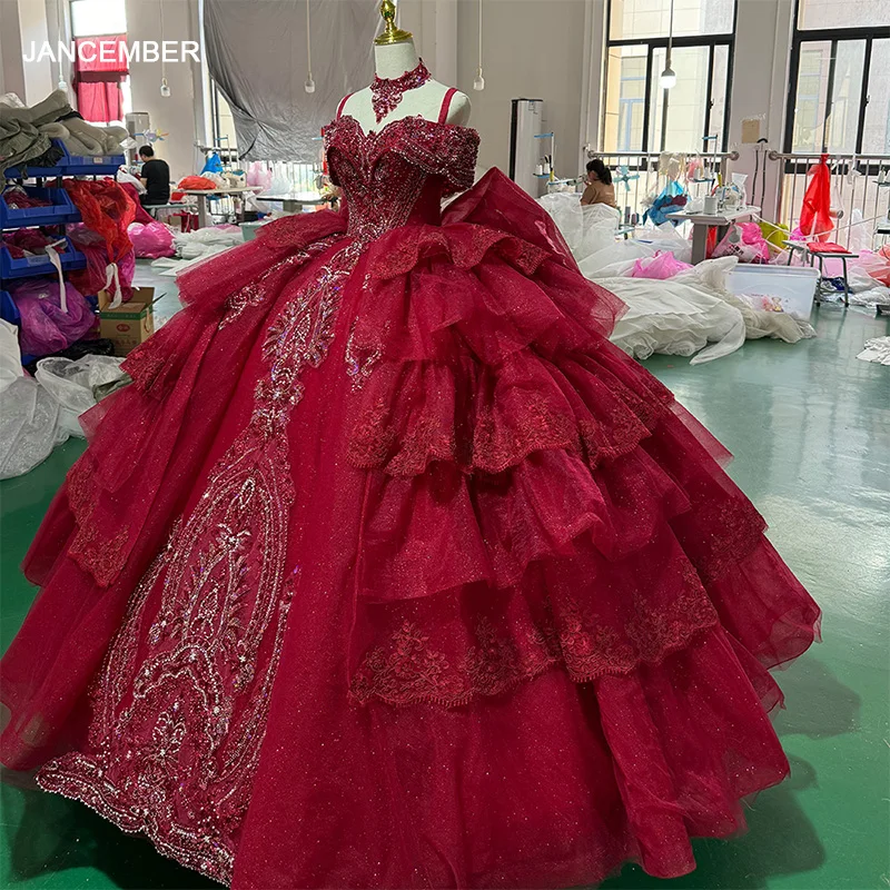Jancember XS064 Traditional Red Off Shoulder Puffy Ball Gown Evening Party Dresses