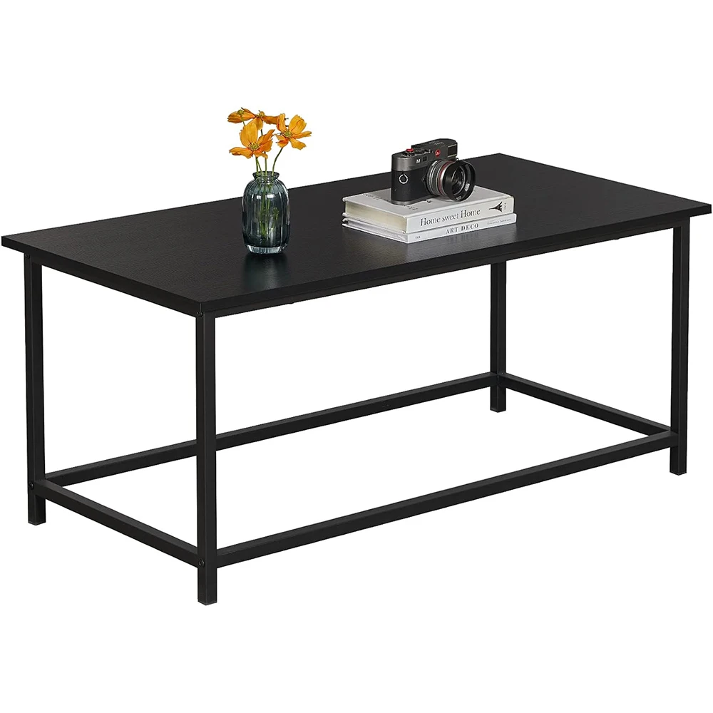 Black Wooden Top Metal Frame Coffee Table Simple Modern Rectangular Open Space Minimalist Living Room Home Office Industrial