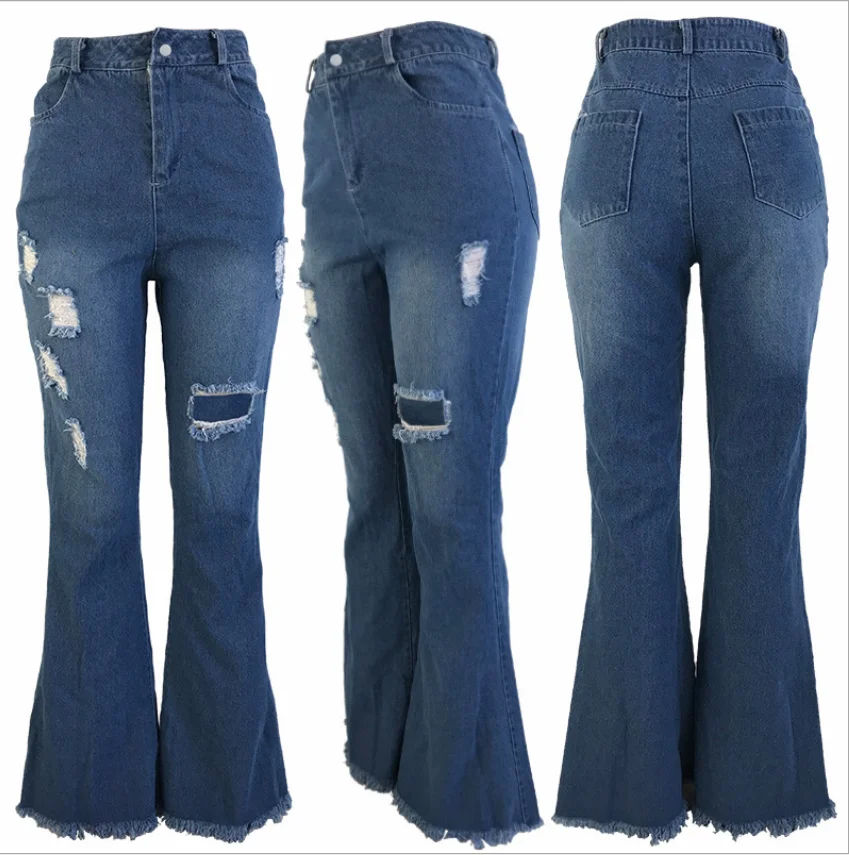 wholesale denim fabric wear white holes blown yarn high waisted