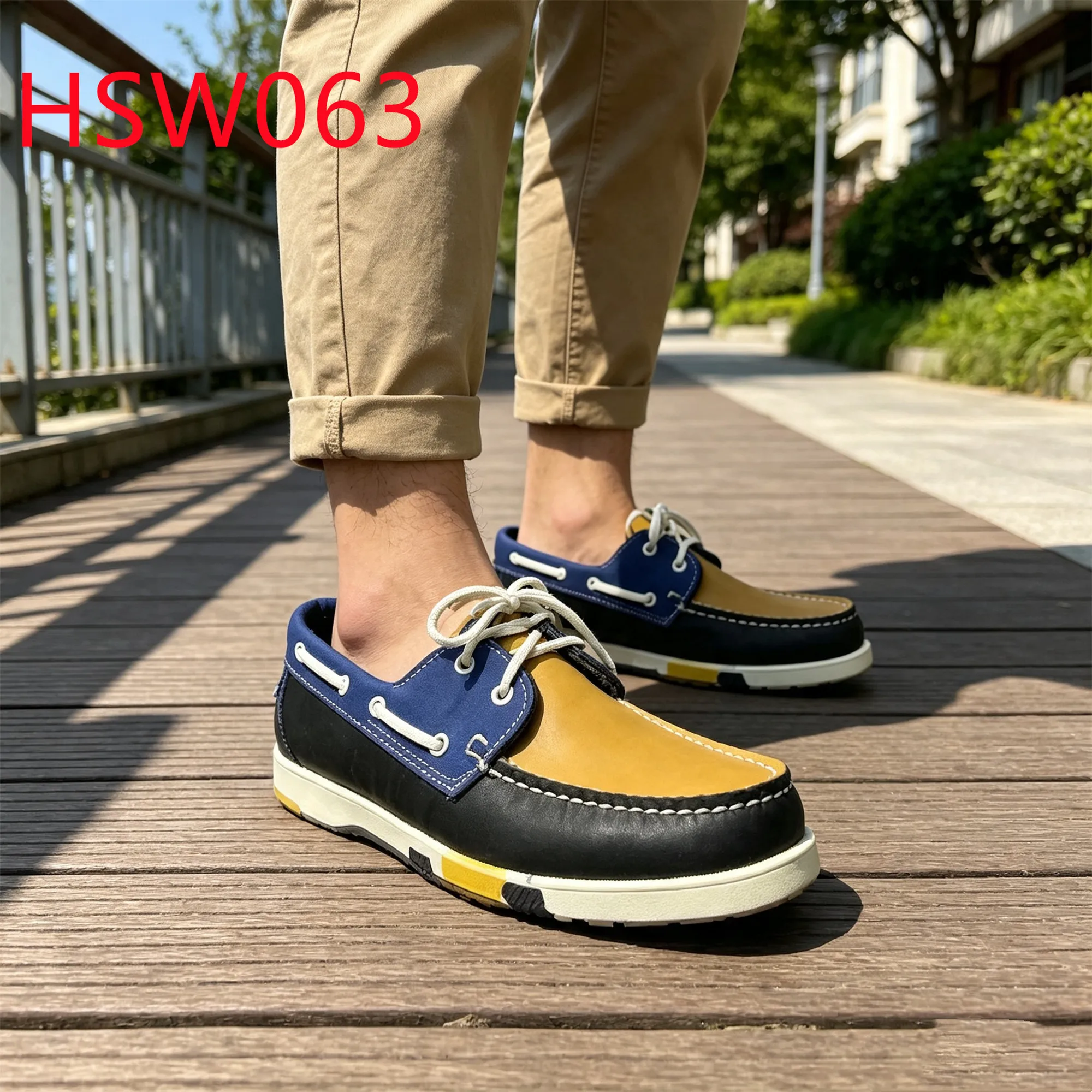 HY,City Walking Striped Color Rubber Sole Lace-up Hua Singh Boat Shoes Full Natural Cow Leather Handmade Moccasin Shoes HSW063