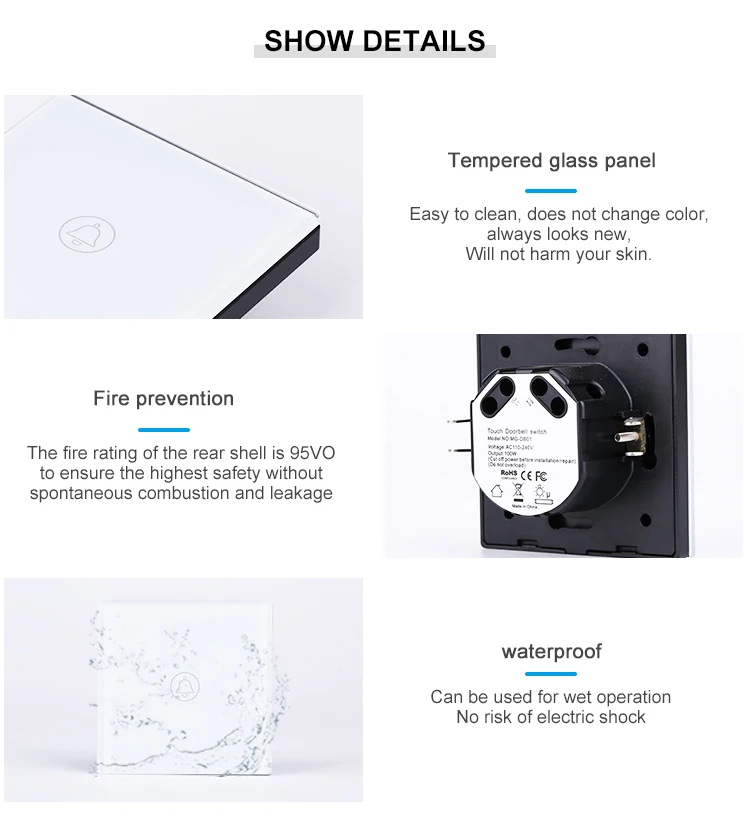 EU Standard Home Capacitive Touch Control Electronic Waterproof Doorbell Switch