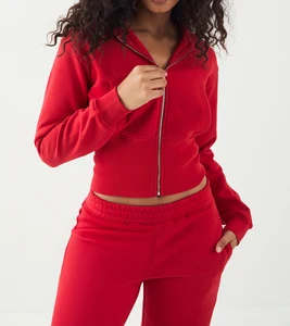High Quality Women Sportswear Heavy Weight Red Cotton Zip up Cropped Embroidery Hoodie Set Casual Style Tracksuit