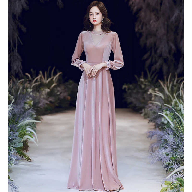 Nieuwe Vrouwen Lange Feestjurk Effen O-hals Avond Fluwelen Jurken Maxi Roze  Lange Fluwelen Jurk