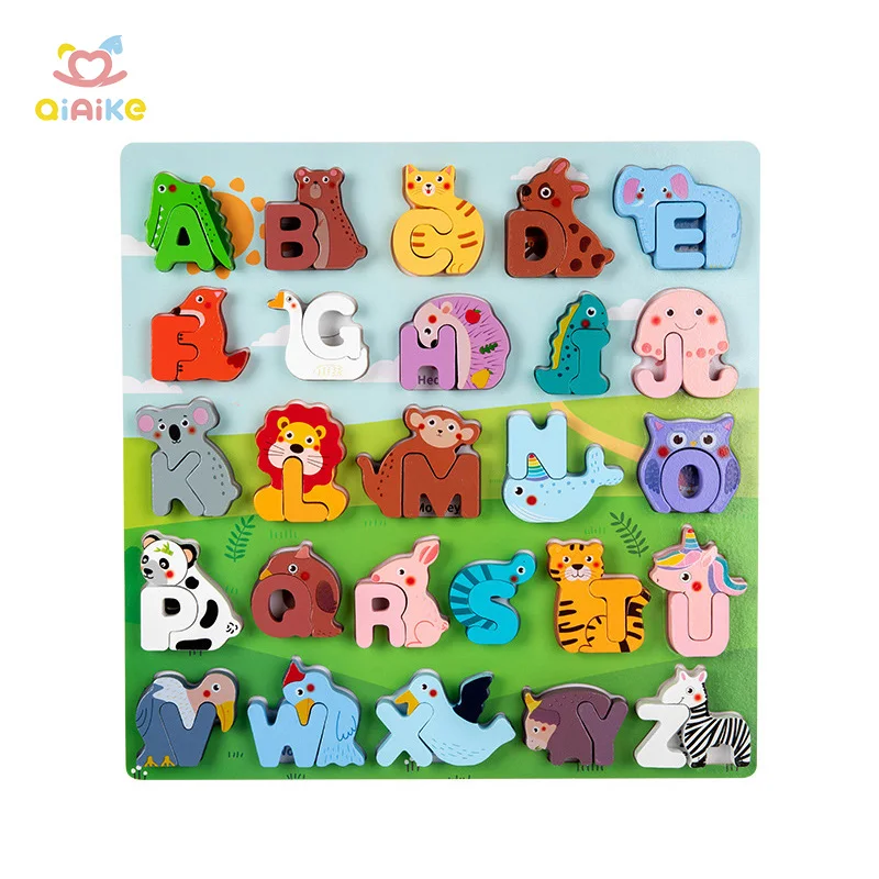 Children English Learning Wooden Alphabet Puzzle Board Shape Matching Animal Color Cognitive Kids Educational Wooden Puzzle Toy