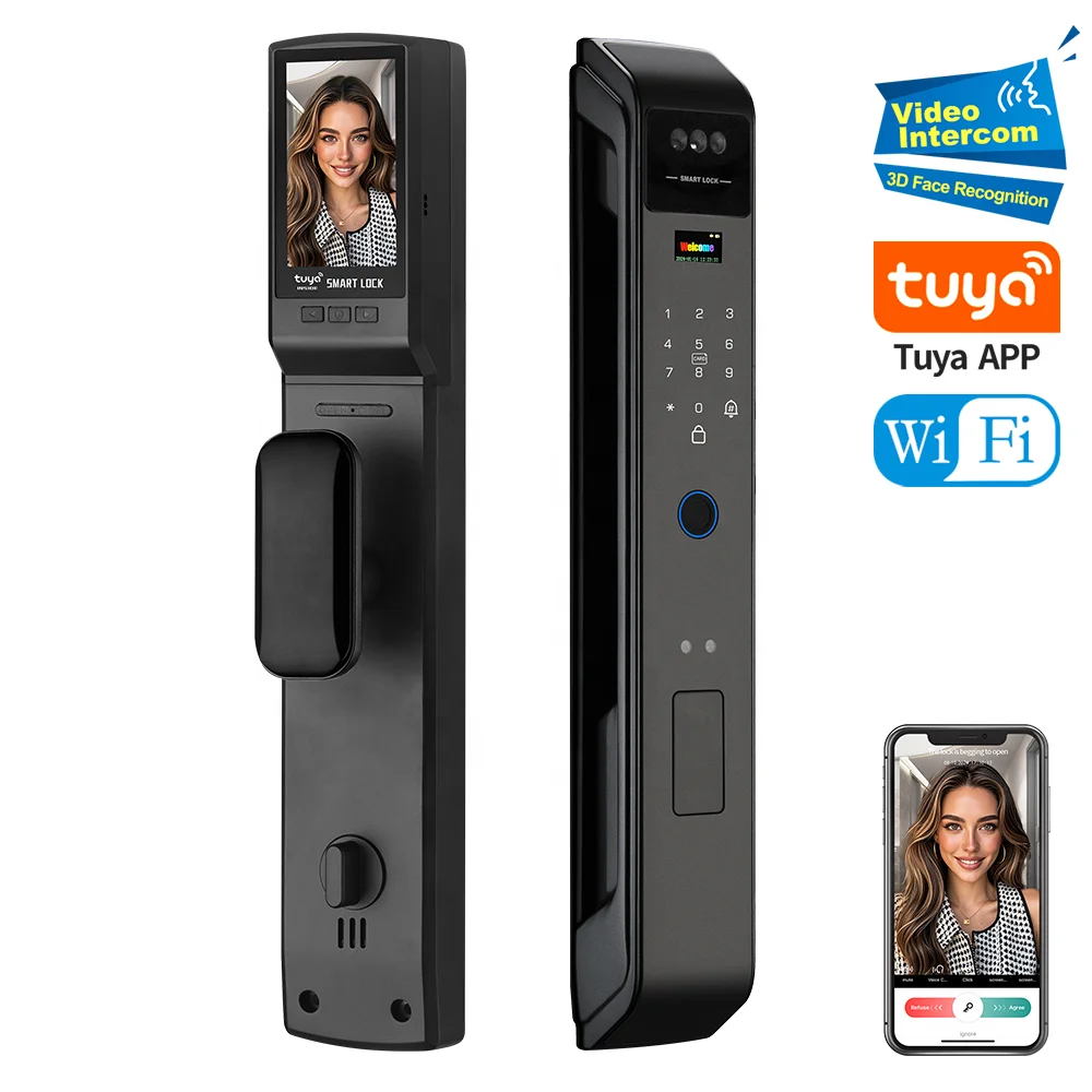 Security Digital Tuya Wifi Real Intercom Keyless RFID Electronic 3D Face Recognition Fingerprint Smart Door Lock With Camera K30