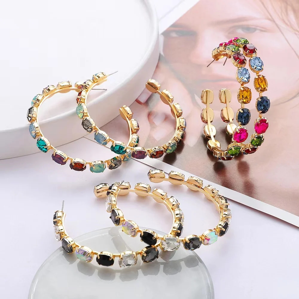 Trendy C Shape Rhodium Plated Hoops Women Jewelry Fashion Statement Glass Rhinestone Hoop Earrings