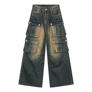 Men Baggy Loose Jeans High Waist Cargo Pockets Vintage Wash Sand Blast Heavyweight Denim Jeans For Men