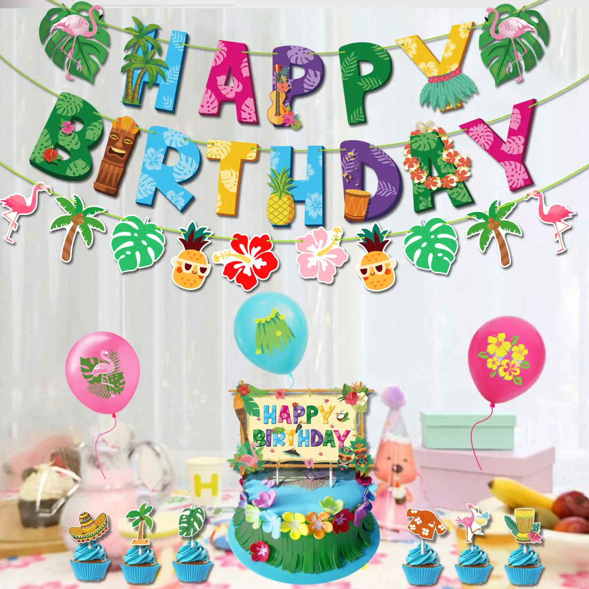 New Hawaiian Birthday Party Supplies Flamingo Turtle Leaf Cake Flag with  Flower-Shaped Balloons Floral Decorations| Alibaba.com, image size:1200x1200