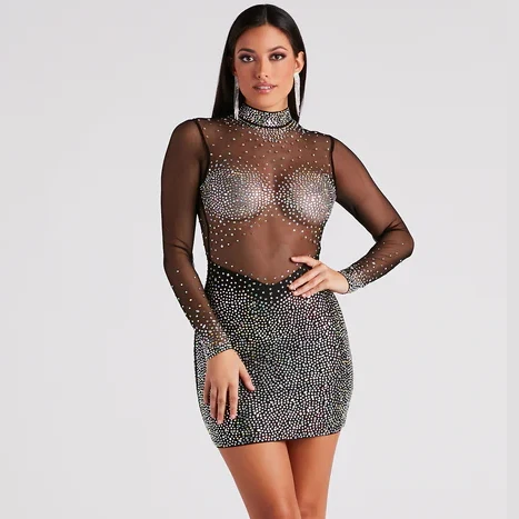 Women's Slim Fit Mesh Transparent Dress Sexy Cutout Tassel Evening Dress