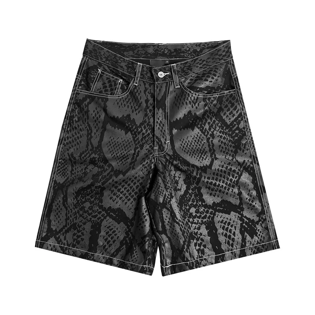 Námořnické krátké kalhoty z umělé kůže s potiskem hada v americkém vintage stylu, kontrastní stehy, volné široké kalhoty pro uliční styl, mužské každodenní kalhoty