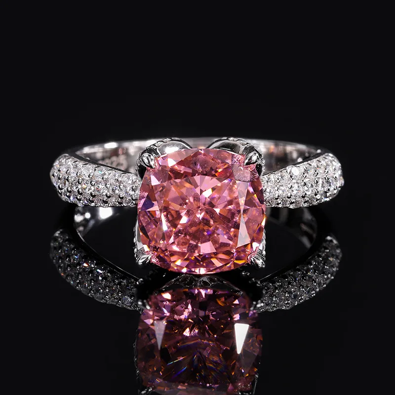 S925 Silver Engagement Ring with Main Stone 9*9 Simulated Padparadscha, Zircon Female Fine Jewelry for Women