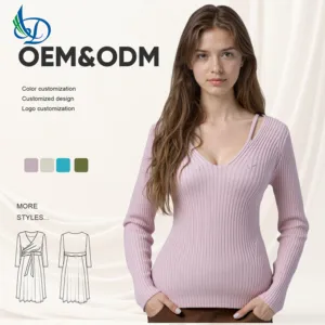Women's Long Sleeve Seamless V-Neck Pullover Sweater Tops Knitted Undershirt in Solid Pattern Sweet Style for Autumn