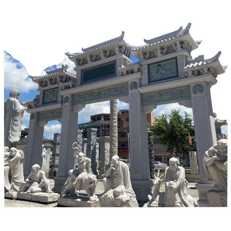 Temple Gate Tower Stone Carved Archway Chinese Tradition Landscape Garden Stone Arch With Dragon Relief Statue
