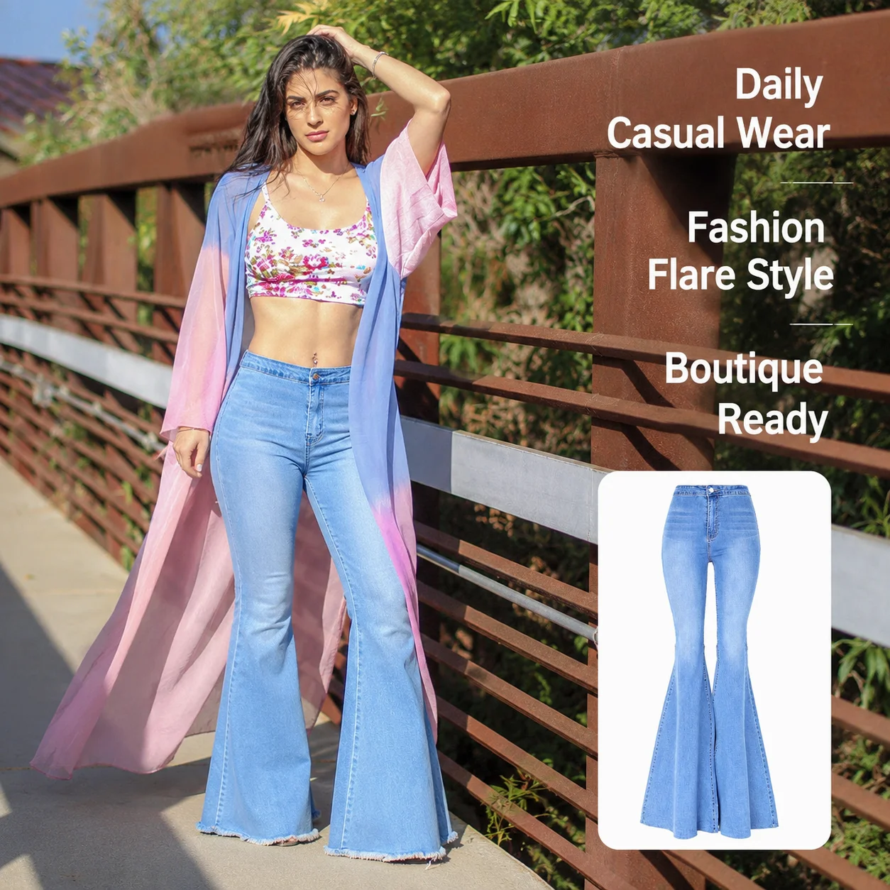European and American Women's Retro High Waist Stretch Washed Slimming Wide Leg Flared Denim Jeans Spring Quick Dry