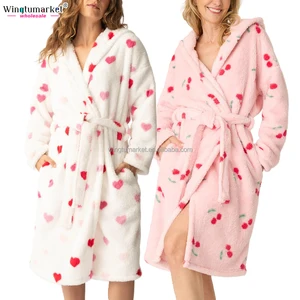 Wholesale Valentine Bathrobes Loungewear Homewear Robe Hooded Plush Bathrobe Luxury Cherry pink Heart Print Custom Robes Women