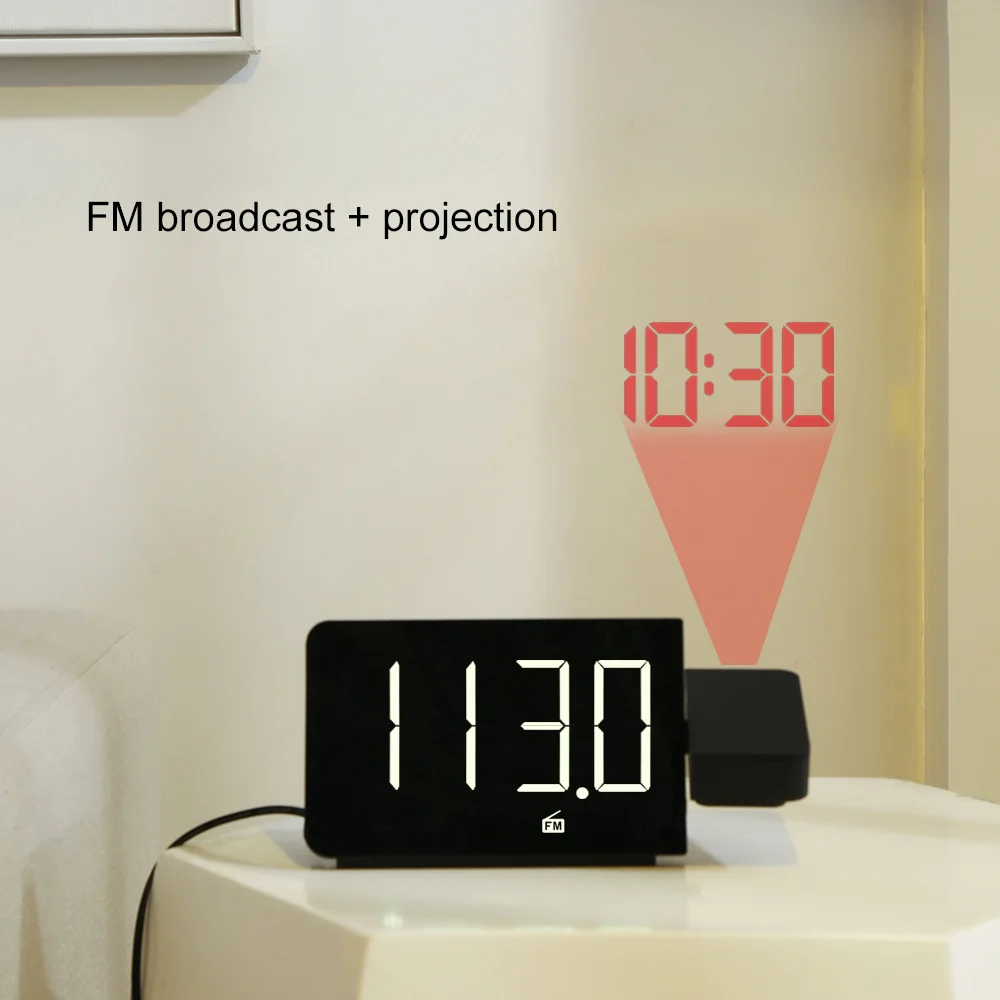FM Radio Alarm Clock LED Projection Large Digital Projector Wall Table Snooze USB Nightlight Watch Time Projection Alarm Clock