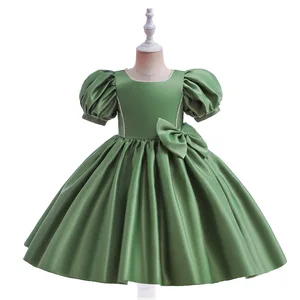 Customizable New Fashion Puff Sleeve Satin Dresses With Bow Summer A-Line Princess Dress for Girls