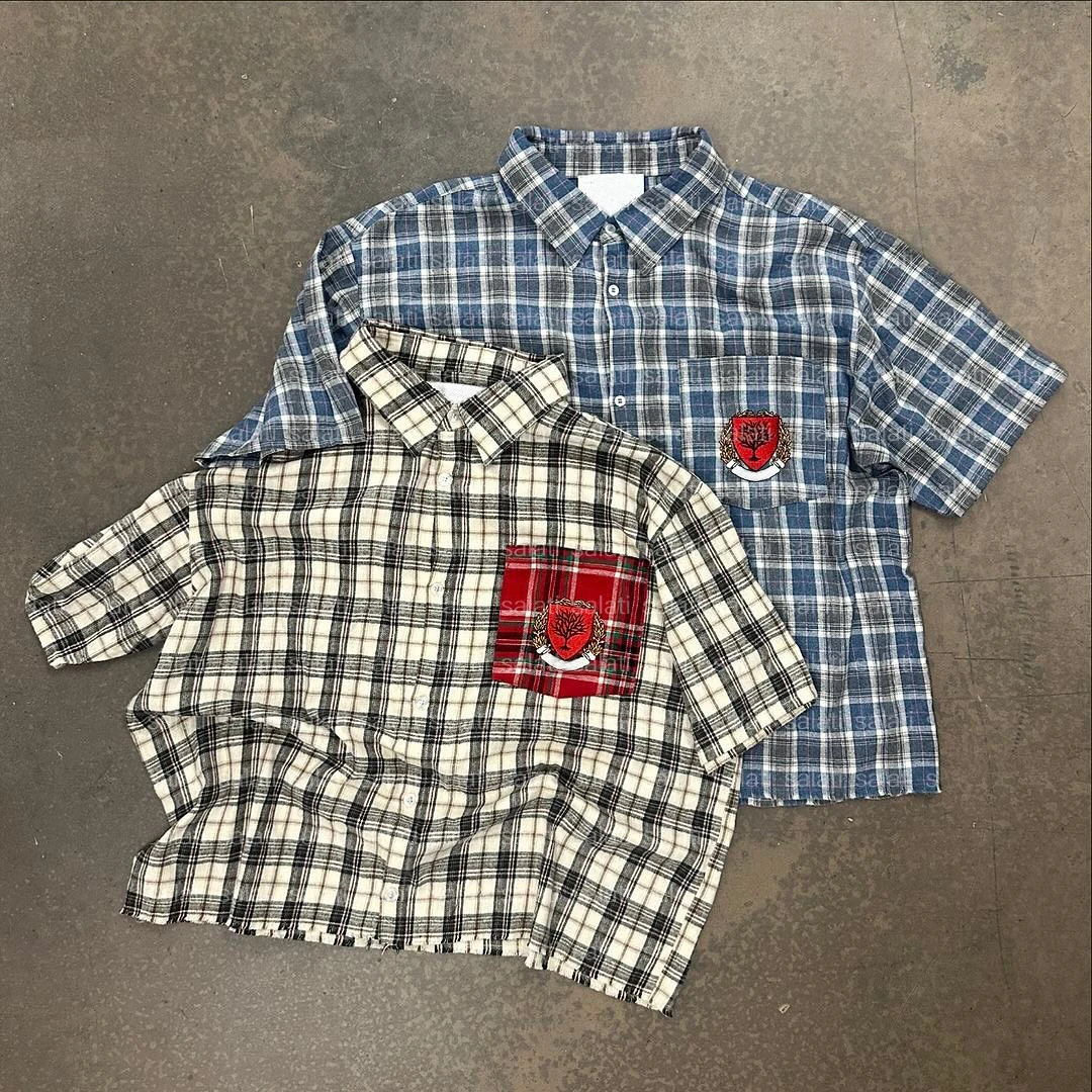 Salati Custom Designer Tshirts Embroidery Boxy Oversized Shorts Sleeve Button up T-shirt Check Plaid Flannel Shirts for Men