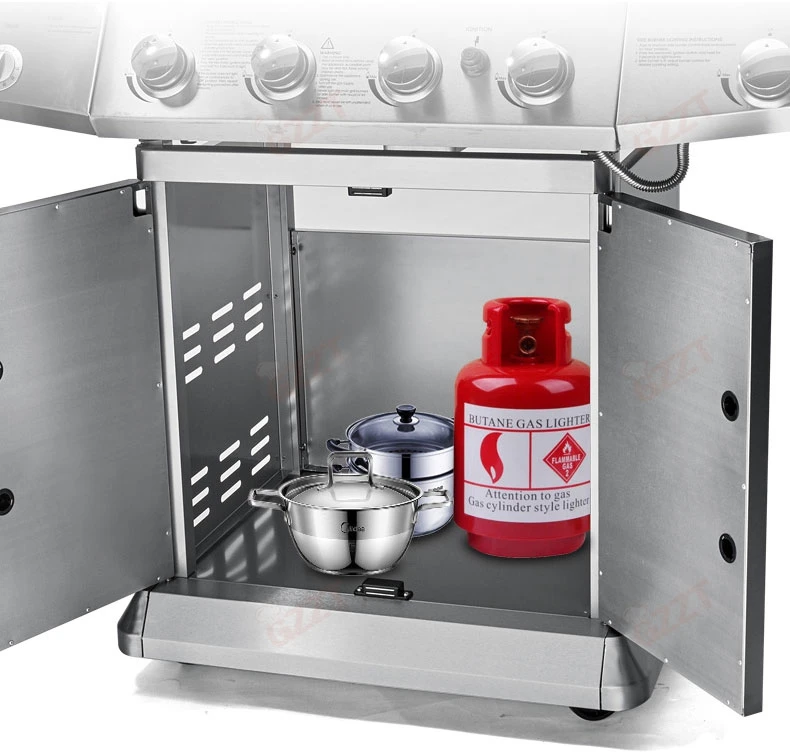 無煙商業屋外5バーナーバーベキューチャコールガスグリルステンレス鋼