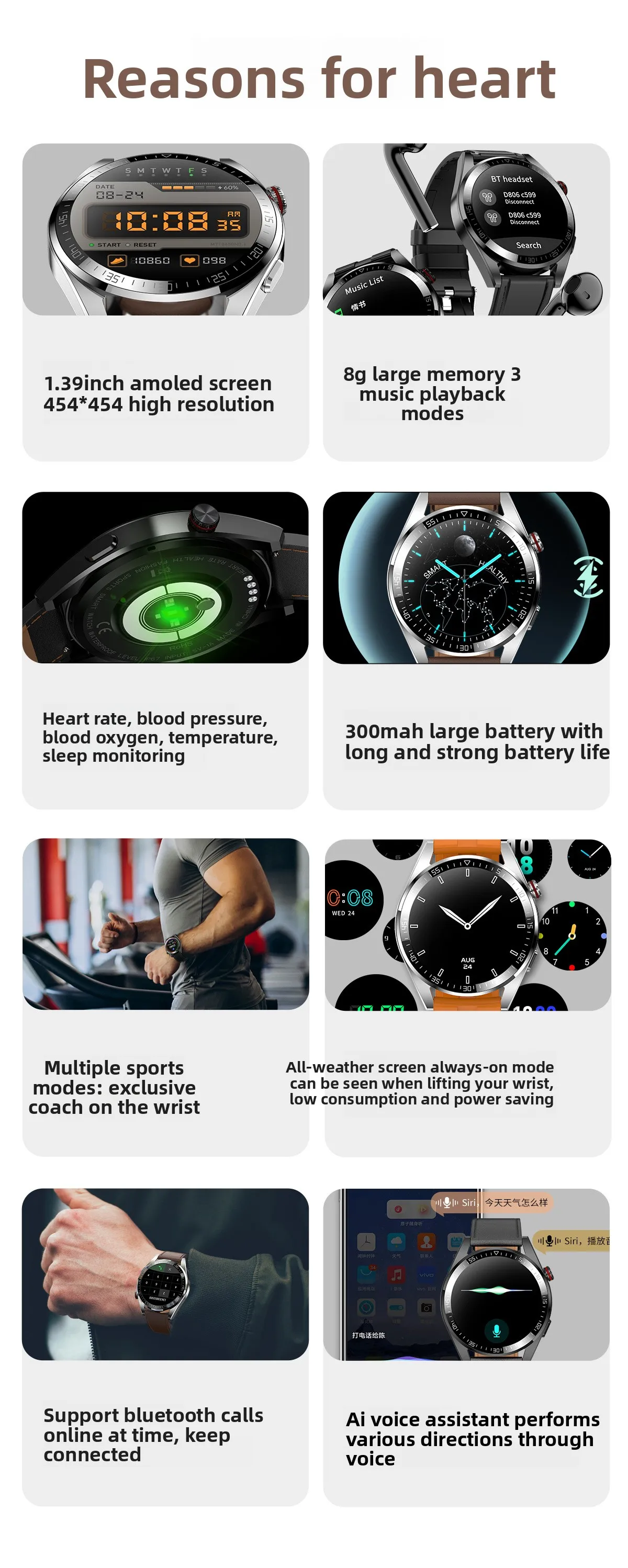 product smart watch with amoled screen for bluetooth music  call features blood pressure  oxygen monitoring leather band-6