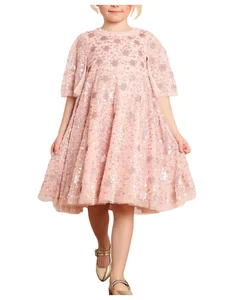 Children's Fluffy Knee Length Evening Dress Girls Kids Short Sleeve Star Sequined Formal Gown