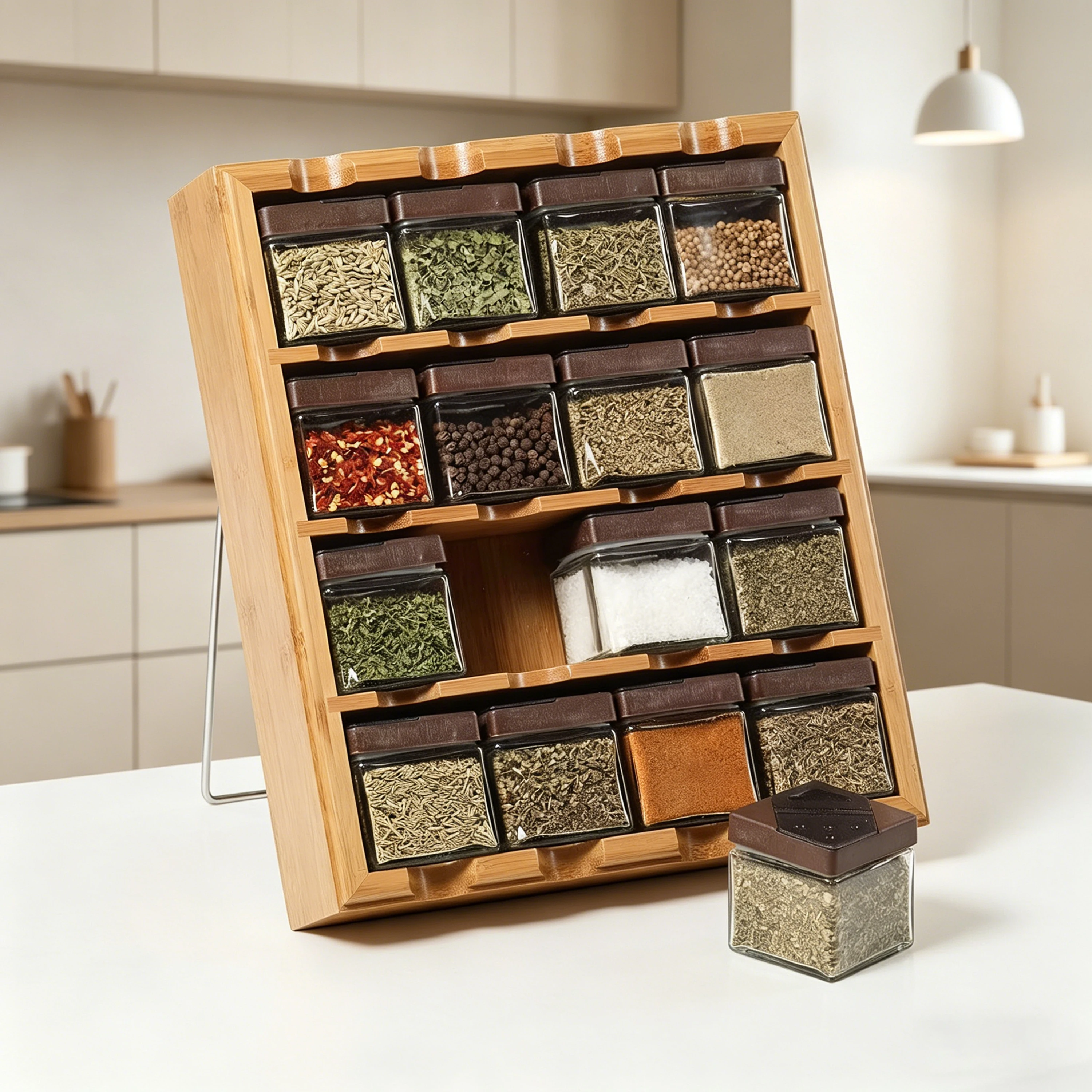 Bamboo Spice Rack With16 Jars Standing Seasoning Organizer Countertop Spice Rack Countertop Spice Storage Shelf for Kitchen