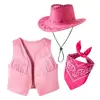 Pink tassel vest + Rose scarf + pink non - folding cap