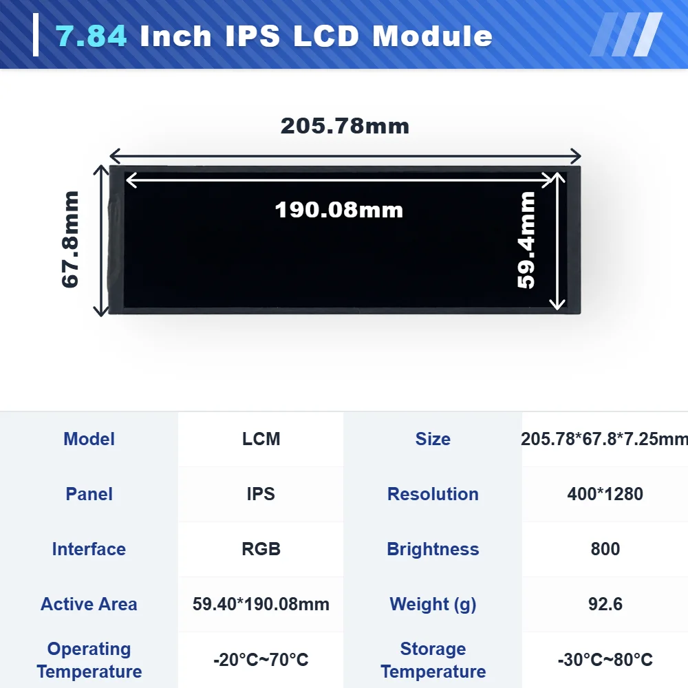 WEITAI 7.84 Inch TFT IPS LCD Screen Module with 400x1280 Resolution 800 Cd/m Brightness -20C~70C Operating Temperature manufacture