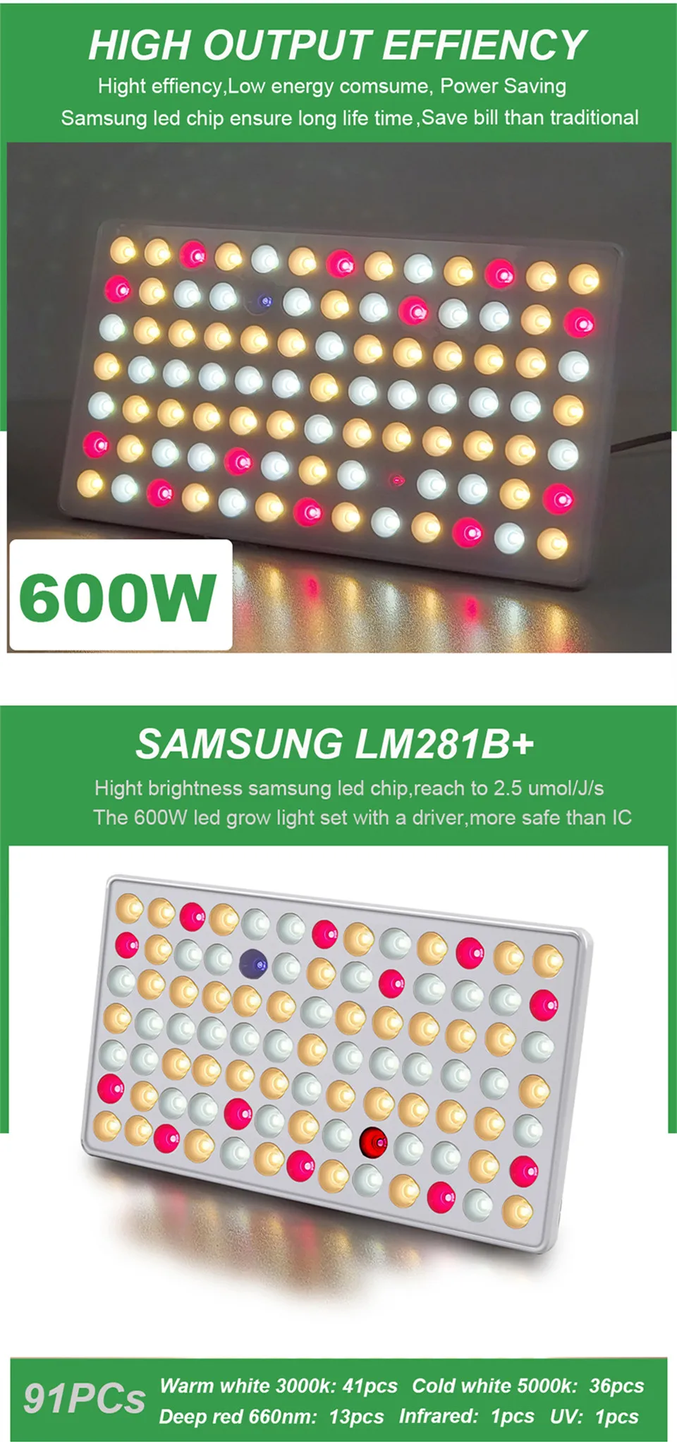 Newest LED grow light 60W Samsung lm281b 2.5 umol/J replace 600W indoor full spectrum LED grow light for plants 