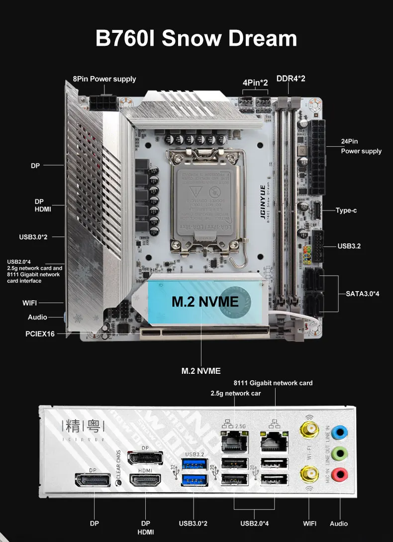 JGINYUE B760I Snow Dream D4 Motherboard DDR4 ITX PC Motherboard