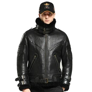 2023 Man Black aviator Lamb With Fur Sheepskin Bomber B-3 Leather Jacket
