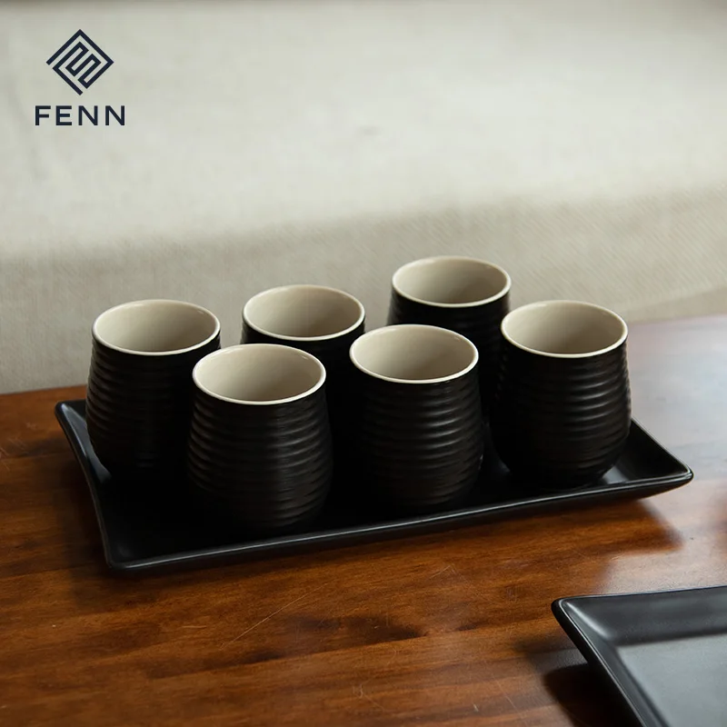 FENN 150ml Customized Logo Turkish Tea Cups Set of 6 Drinking Coffee Mug Ceramic Tea Cups No Handle Black Matte Tea Cup Gift Set