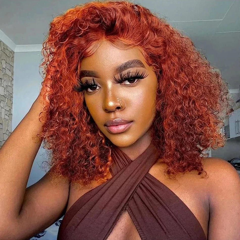 Ginger Orange 13x4 Lace Front Human Hair Wigs For Women Water Wave Curly Short Bob_voghion.com