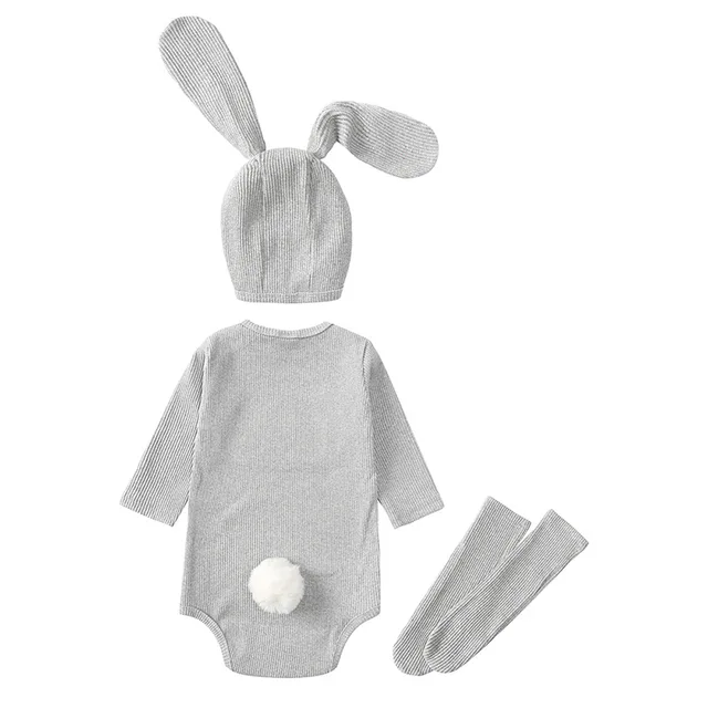 New 3pcs Rabbit Ears Long Sleeve Baby Romper Infant Bodysuit Set cotton cute solid Bunny newborn baby clothing