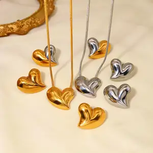14K Gold Plated Stainless Steel Zircon Heart Pendant Necklace and Earrings Set for Men-Hip Hop Style Party Occasion