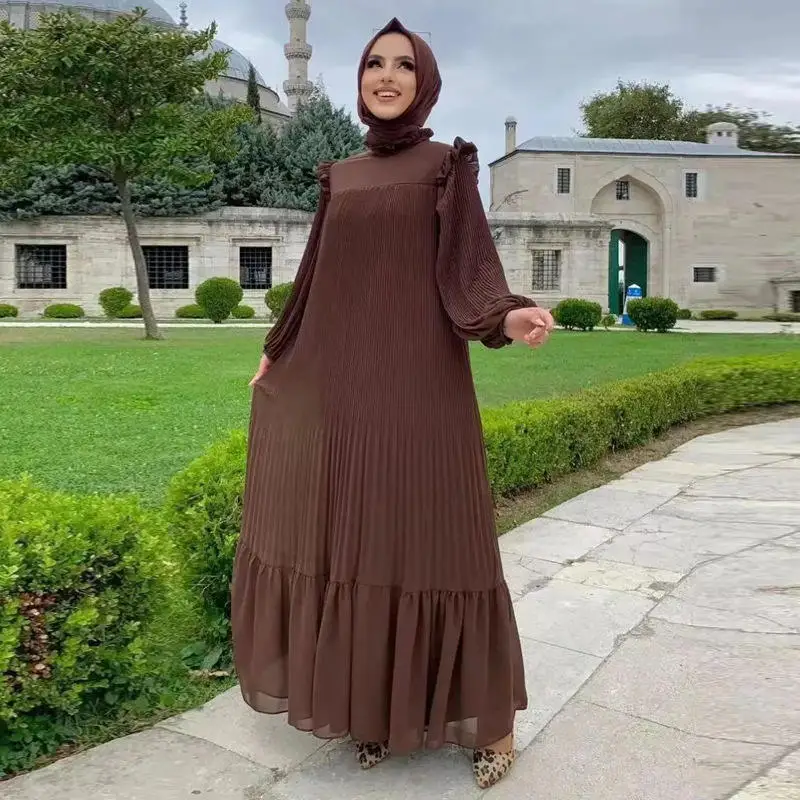 SIPO Muslim Abaya for Women and Ladies Solid Color Pleated Ruffle Loose Modest Maxi Silk Dress Modern Arabic Dress Female SIPO Muslim Abaya for Women and Ladies Solid Color Pleated Ruffle Loose Modest Maxi Silk Dress Modern Arabic Dress Female