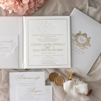 Embossing Monogram Hardcover Wedding Invitation White Color Pocket Fold Invitations with Details Card