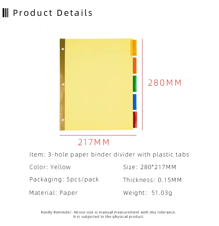 3-hole Paper Binder Divider With Plastic Tabs 1/5 Cut Paper Index ...