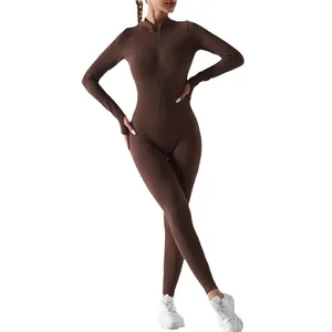 One Piece Slim Fit Women's Fitness Sports Yoga Bodysuit Half Zip Long Sleeved Jumpsuit with Elastic Waist Closure
