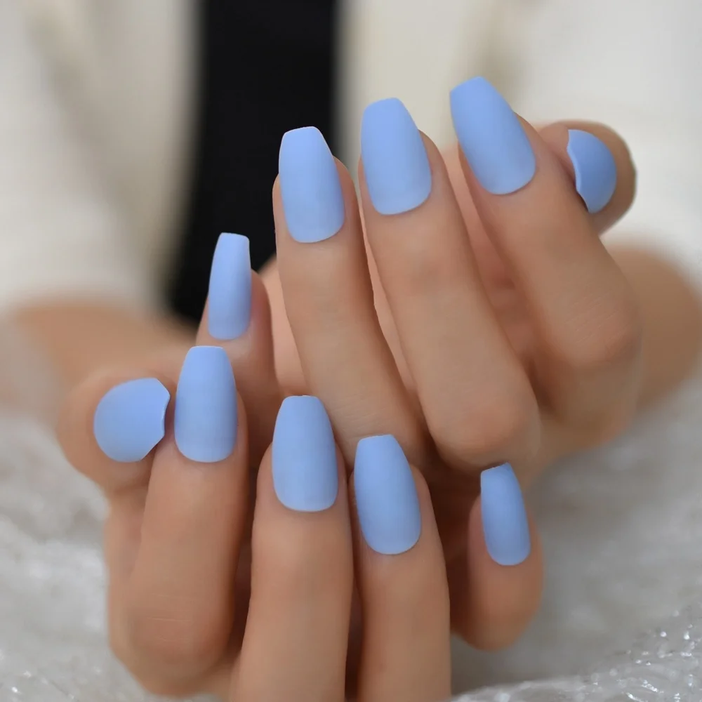 Pure Light Blue Matte Fake Nails Medium Flat 24pcs Frosted Acrylic  Pre-designed Nail Tips Easy DIY Finger Faux Ongles Z766 : Amazon.in: Beauty