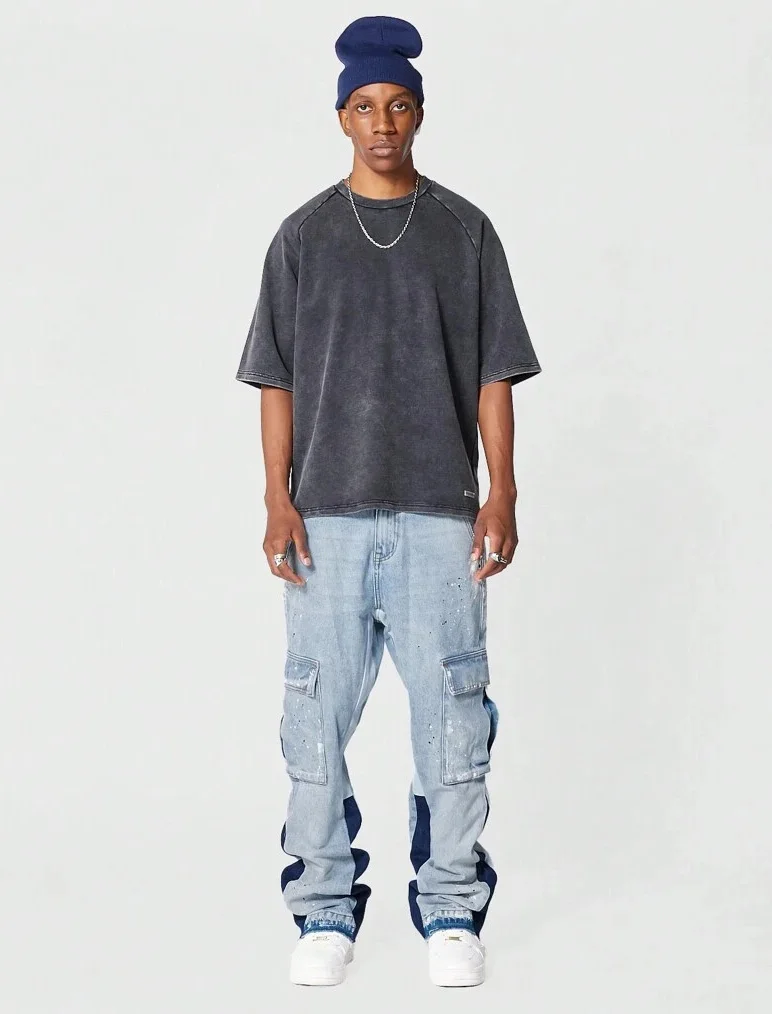 High Quality Streetwear Custom Contrast Color Paint Splatter Slim Flared Jean Stacked Flare Denim Pants Men_voghion.com