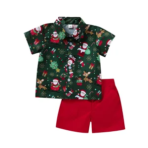 Europe and America Christmas Baby Boys Clothing Sets Printed Lapel  Short Sleeve Shirt Shorts Summer Clothing Sets