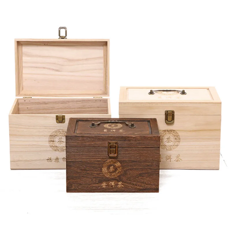 Handmade Rectangular Paulownia Wood Tea Storage Box with Hinged Lid and Handle Multifunctional Gift Wooden Box