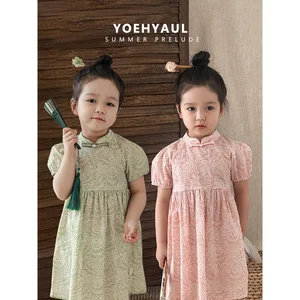 YOEHYAUL ZX0029 Qipao 100% Cotton Full Floral Printed Puff Sleeve Girls Dresses Summer Dress Baby Girls Elegant Dress Children